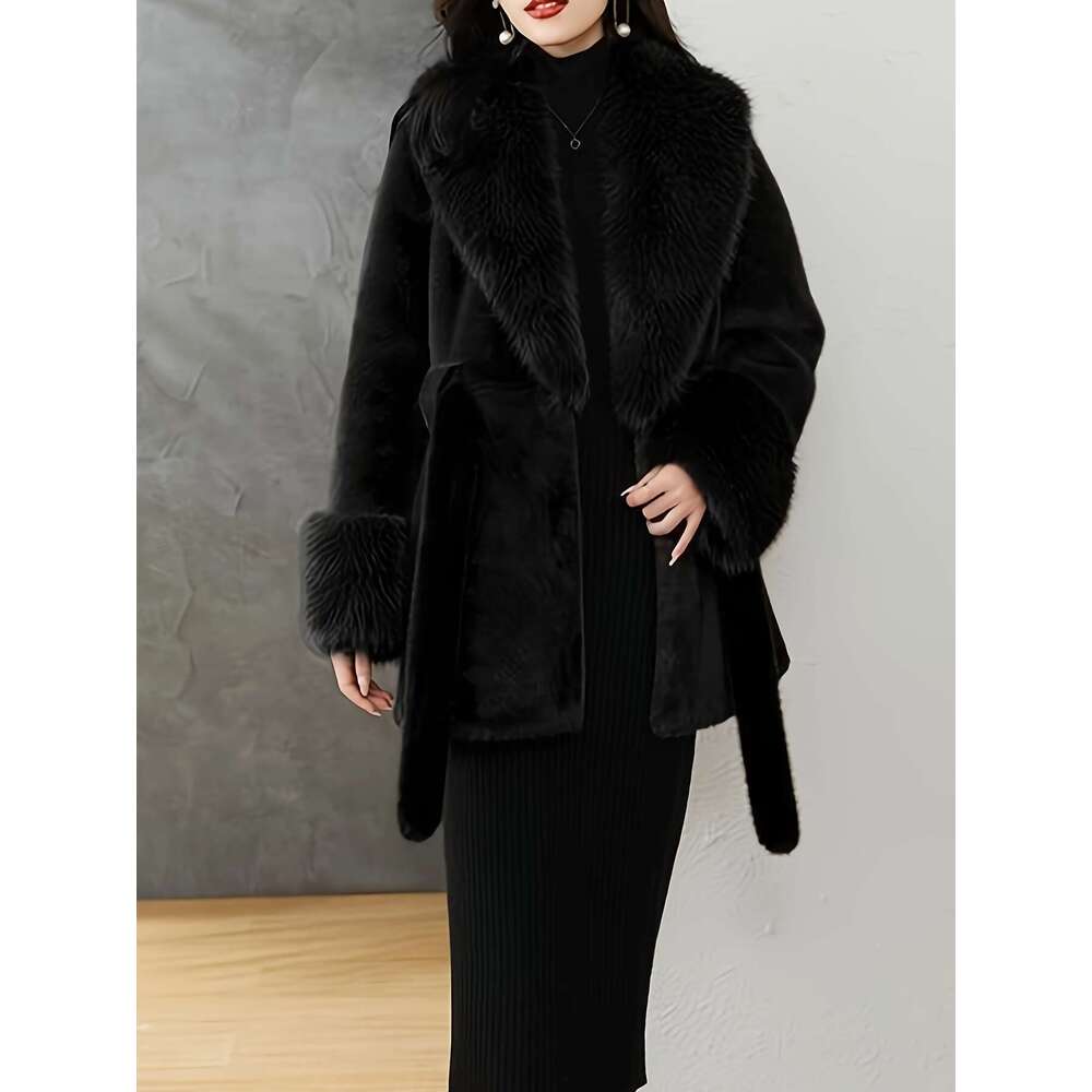 Women S Elegant Fur Lined Coat With Oversized Faux Fur Hood Imitation Grass Tie Belt Rich Brown Hand Wash Dry Clean Only Outerwear For Weather Winter