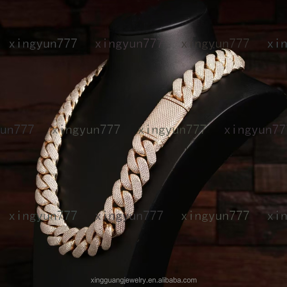 Custom Heavy Weight 25mm 5rows Iced Out 5rows Cuban Link Chains Gold Plated 925 Silver Pass Diamond test VVS Moissanite Chains