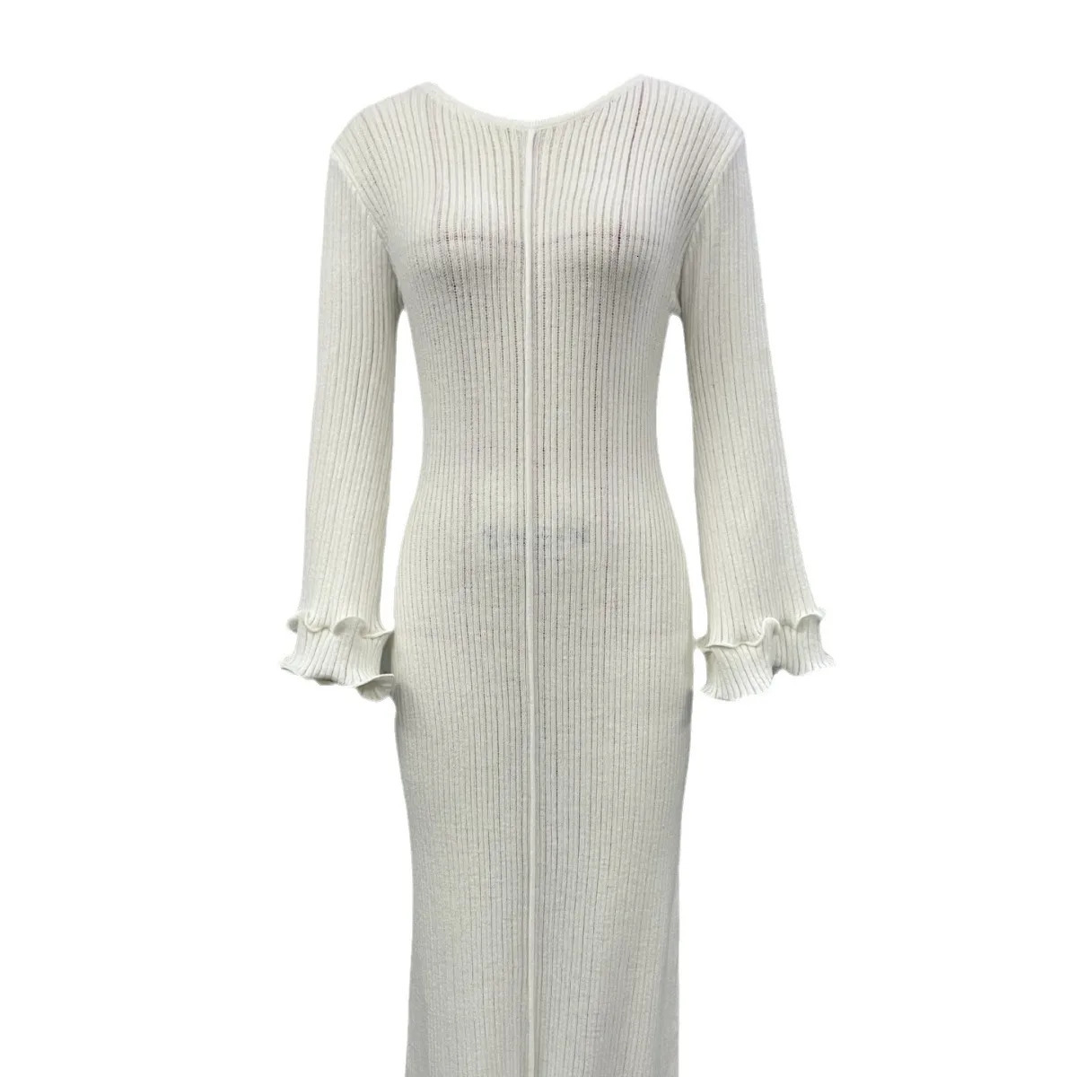 Autumn Pure Color Round Neck Long Sleeve Fitted VNeck Dress for Women 251027