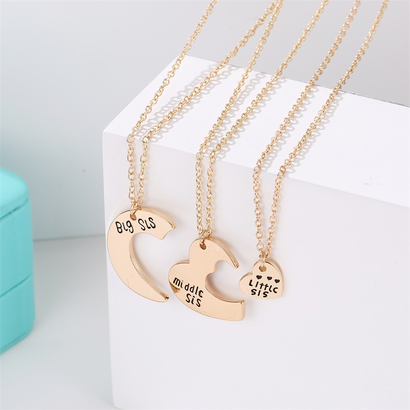 Family Letter Set of Three Large Medium Small Moon Heart Pendant Necklace