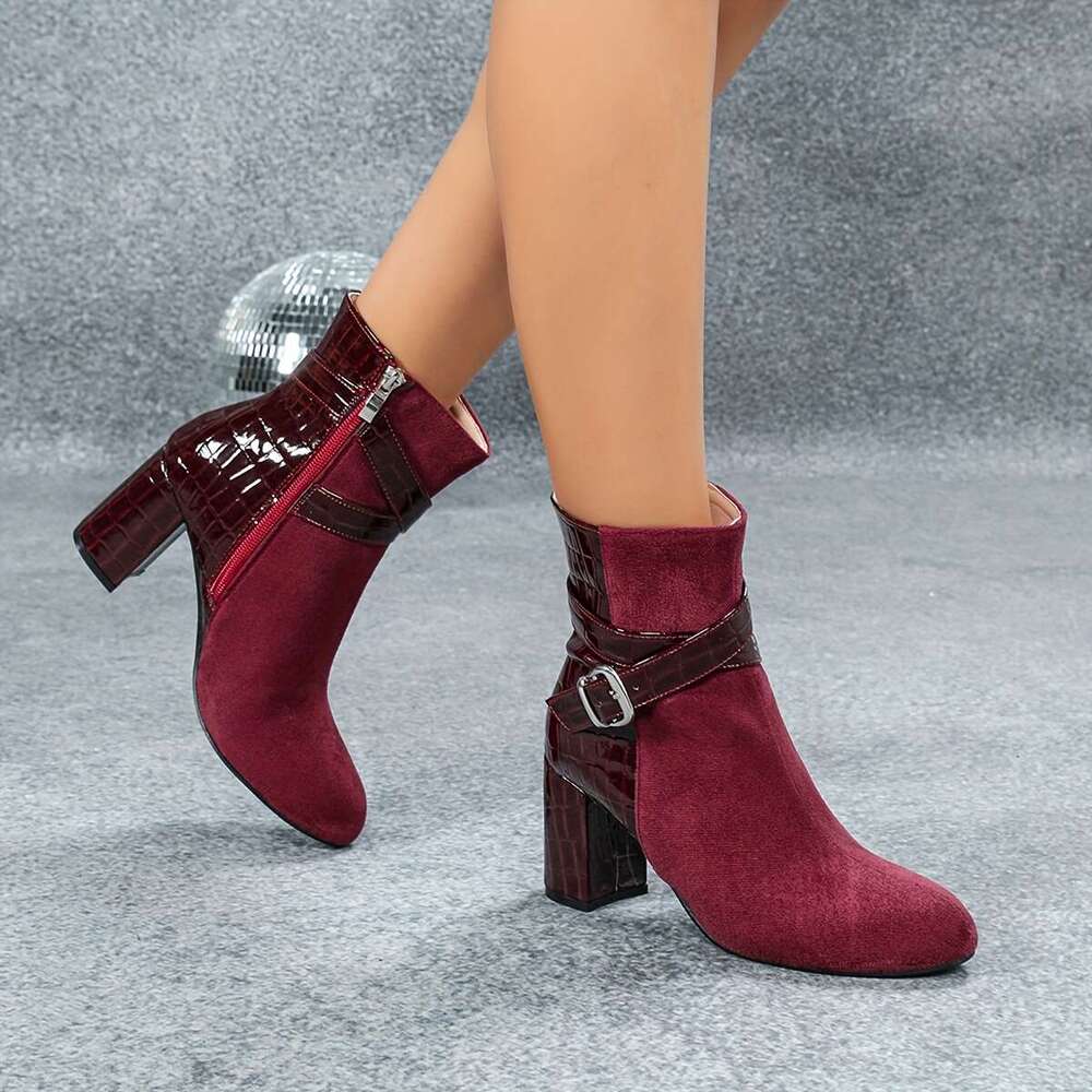 1Pr Elegant Bury Ankle - Women's Round Toe Block Heel Dress Boots Side Zipper, Winter Comfort High Heels With PVC Sole And Flannel Insole