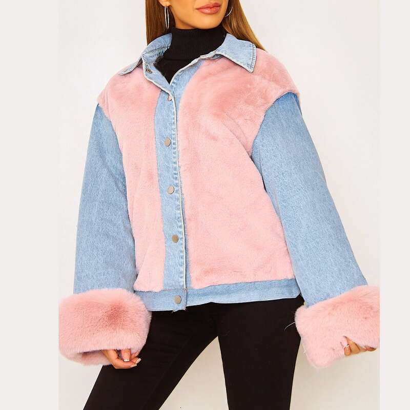 Women's European American Cross-Border Casual Plush Denim Splicing Warm Autumn And Winter Jacket Su2289