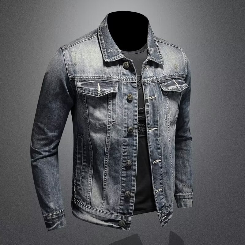 Men's Denim Jacket Spring Autumn American Style Washed Vintage Casual Slim Designer Jacket Fit Long Sleeve Denim Jacket Cool Trendy