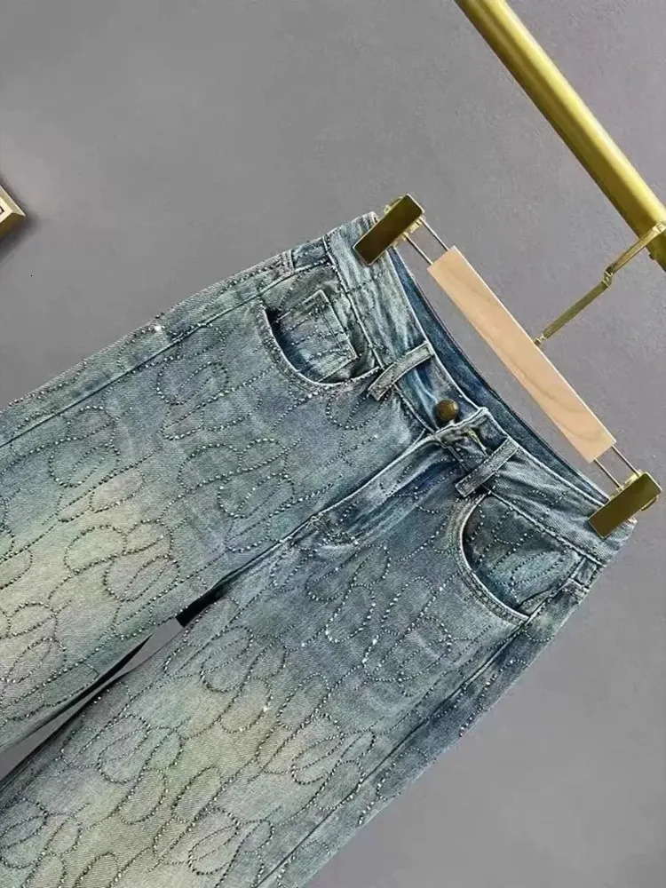 Women Diamond Jeans Shiny High Waist Loose Wide Leg Denim Pants Blue Rhinestone Mopping Pant Streetwear Fashion Trousers Outwear 251029