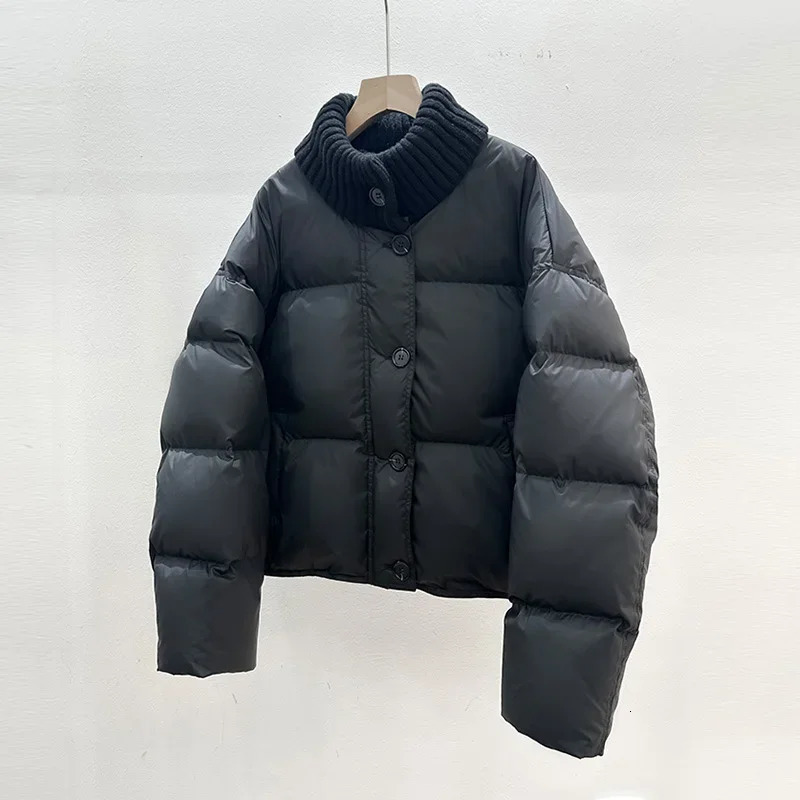 Winter Knit Half Polo Turtle Neck Cropped Puffer Jacket Women Thicken Warm Zipper Up White Duck Down Bread Coat 251023