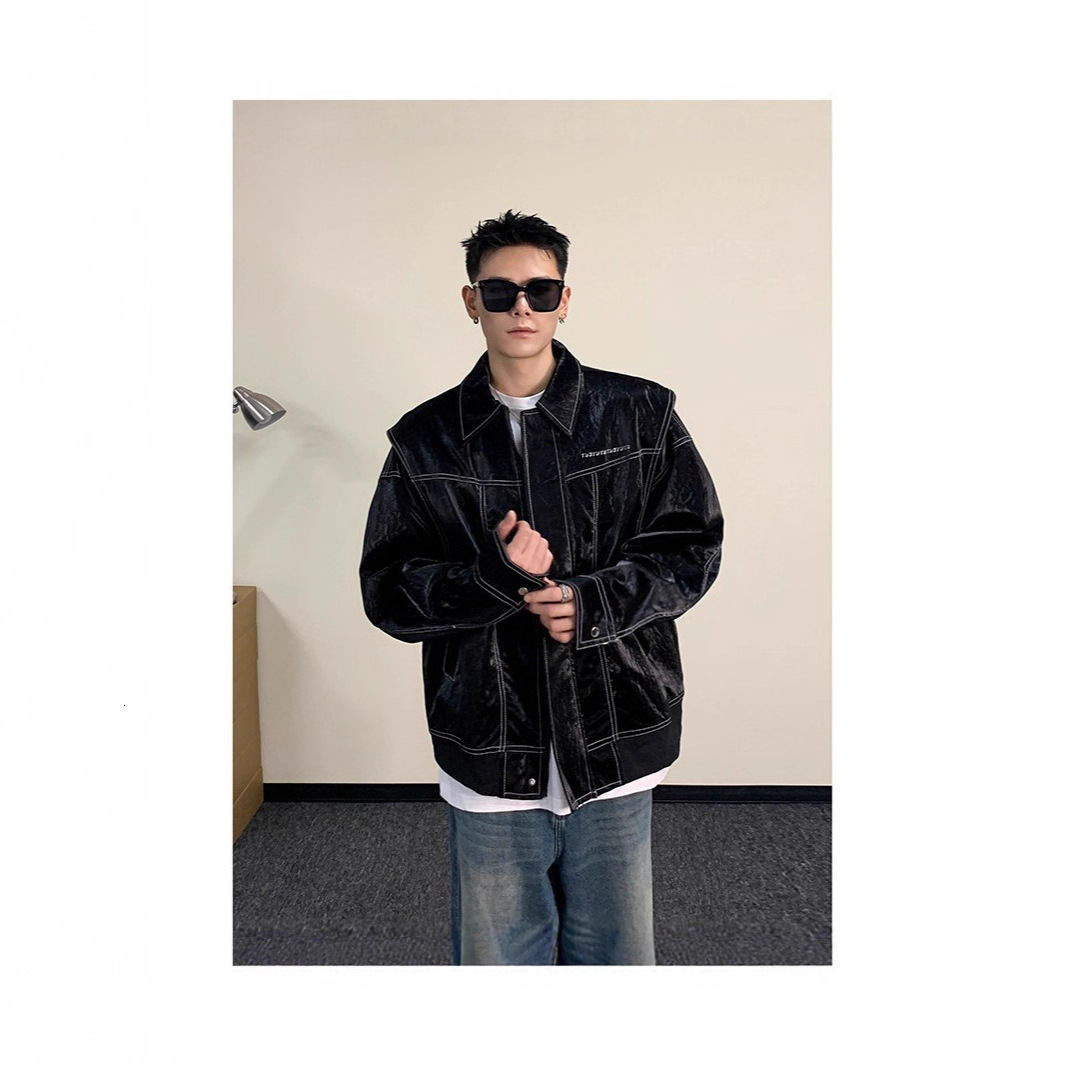 High-end Liquid Designer Coat Glossy Padded Shoulder Leather Jacket For Men Autumn New Trendy Loose Fit Versatile Coat