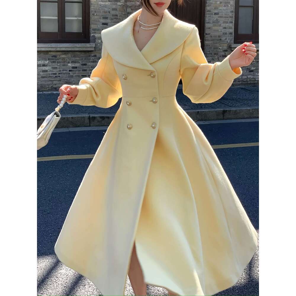 Women S Elegant Mustard Yellow Tweed Double Breasted Coat Long Winter Jacket With Like Buttons Structured Collar A Line Silhouette Hine Washable