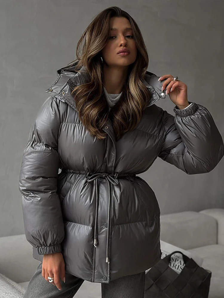 Glossy Shiny Women s Down Jackets Vintage Hooded Zipper Puffer Full Sleeve Jackets For Woman 2025 Woman Winter Coats Outwears 251030