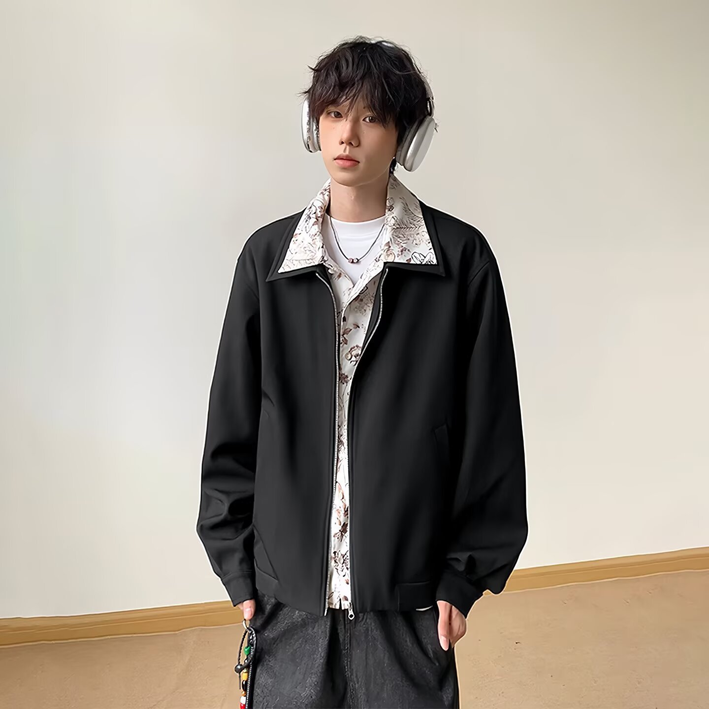 Fake Two-piece Short Jacket For Men Autumn Trendy Brand Inner Floral Lining Designer Jacket Patchwork High-end Feel Stylish Turn-down Collar Executive