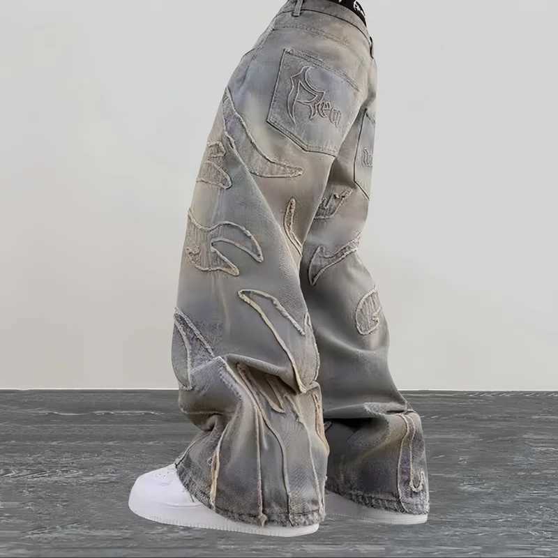 2024 Ropa Y2K Streetwear Flame Embroidery Baggy Stacked Jeans Pants For Men Clothes Harajuku Vintage Women Gothic Denim Trousers J251030