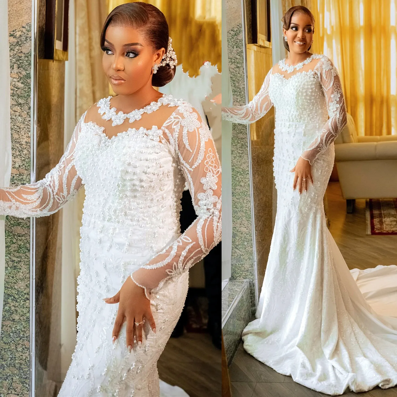 White Mermaid Wedding Dresses Lacefull Pearls Full Sleeves Vintage Bridal Gowns Dress Vestidos De Novia