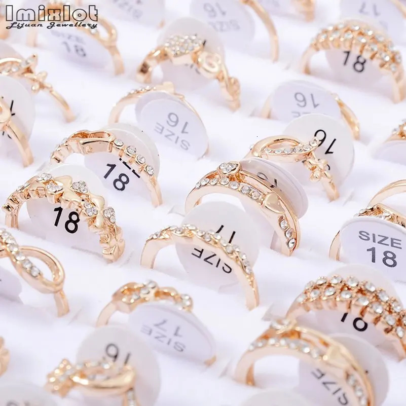 10pcs Wholesale Lots Bulk Rings Jewelry Fashion Gold Color Crystal Rhinestone Wedding Rings Female Jewelry 0201 251023