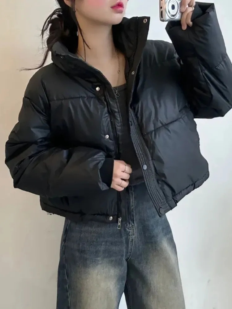 Chic Winter ort PU Protein Leather Zipper Stand Collar Womens Bread Sle Coat Pure Color Korean Version Loose Fit Cotton 251030