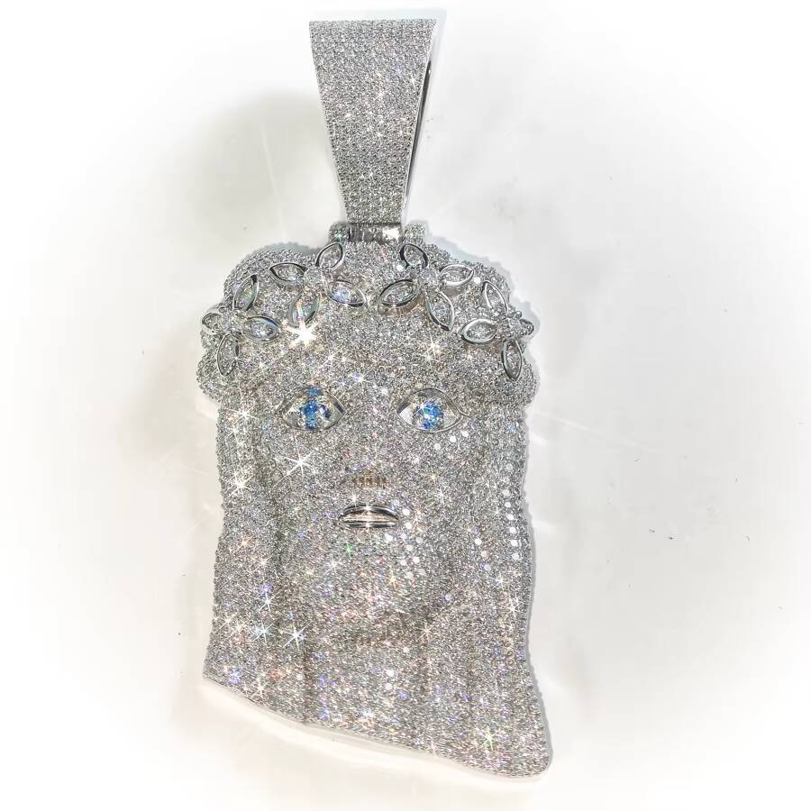 33inches Custom Hip Hop GRA VVS Blue Moissanite 925 Silver Pass Diamond Tester Four Leaf Clover Flower Jesus Head Pendant Gift