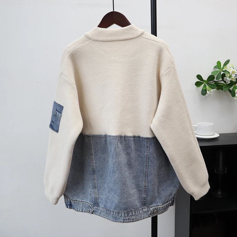 DEAT 2025 Autumn Winter Zipper Patchwork Denim Knitted DoubleSided Cardigan For Women Loose Sweater Jacket Female 11A06204 251029