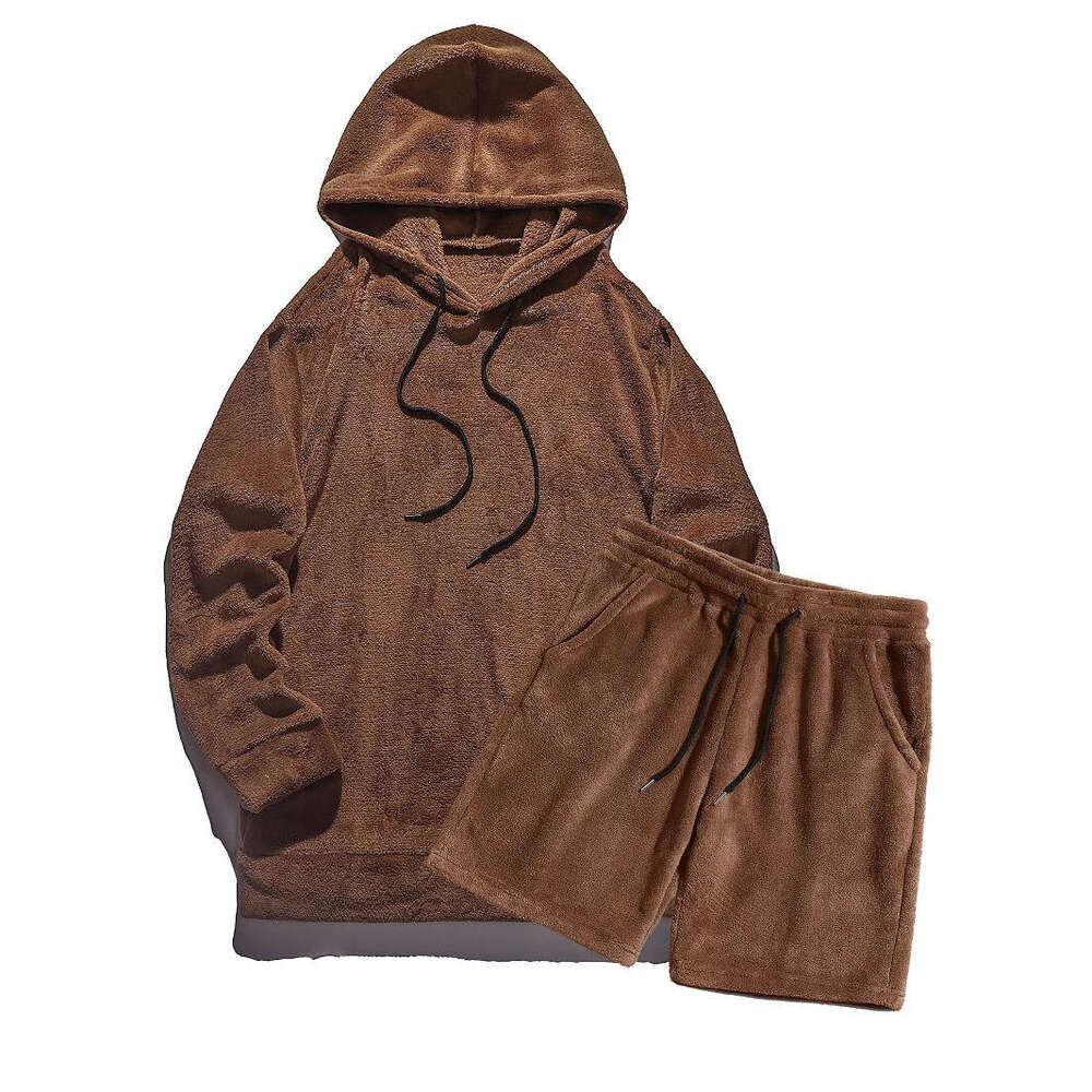 European Autumn Winter Plus Size Hooded Men's Casual Personality Fashion Sweatshirt Coral Fleece Jacket Shorts Set