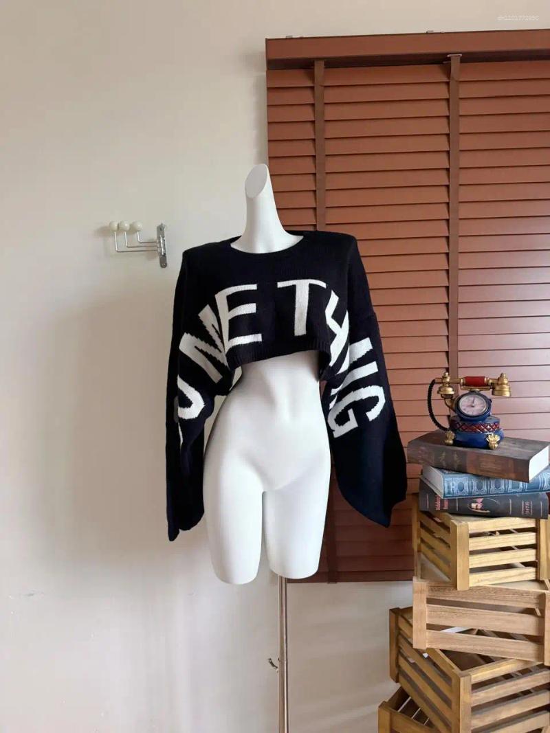 Women's Sweaters Letter Print Loose Crop Sweater Spring Autumn Casual O Neck Lady Solid Color Pullover Large And Long Sleeve Short Jumper