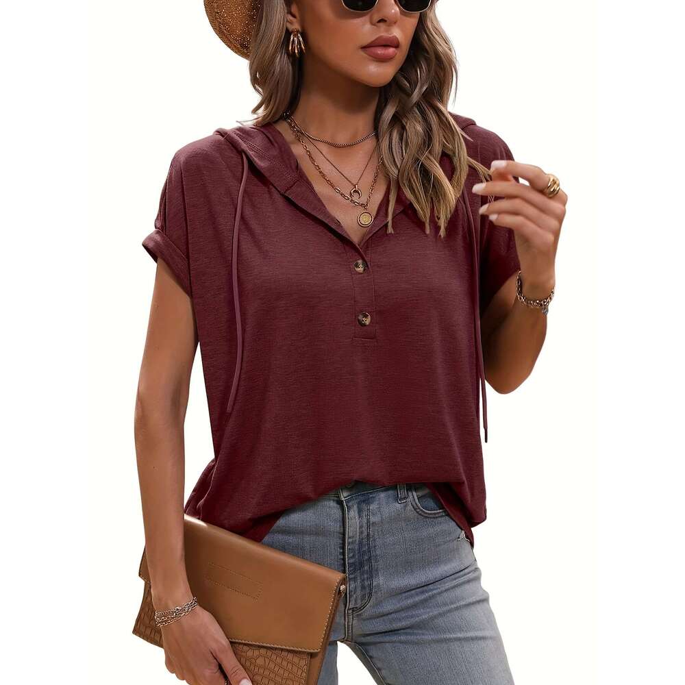Pcs Women S Spring Summer Hooded Lightweight Breathable Solid Color V Neck Button Up Short Sleeve T Shirts With Drawstring Waist Polyester Hine Washab