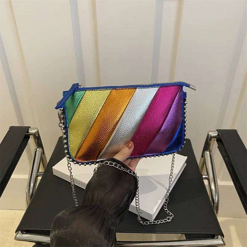 Rivet Shoulder Contrast Rainbow Splice Crossbody Designer Handbag Fashion Trend Colorful Flap Women's Twill Chain Bag