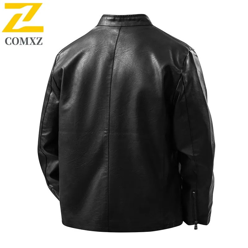 COMXZ Outdoor Sport Leather Jacket Youth Winter Waterproof Windproof Slim Men Coat Solid Color Motorcycle Stand Collar PU Top 251023