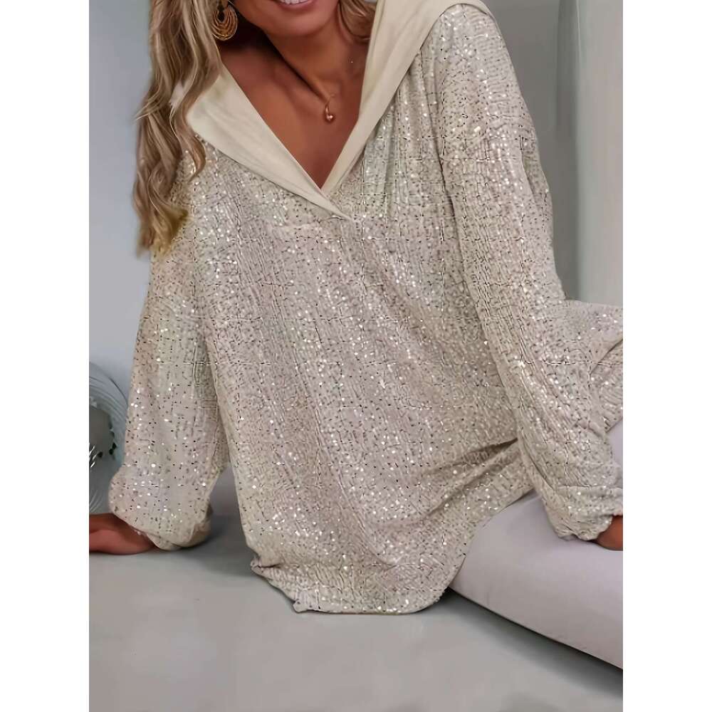 Women S Elegant Sequin Hoodie Long Sleeve Pullover With Drawstring Hood Shimmering Sequins Spring Fall Casual Formal Wear Solid Color Design Spring Fa