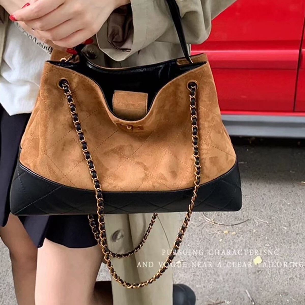 New matte suede patchwork European and American style quilted chain tote large capacity crossbody shoulder bag for women, fashionable designer bag