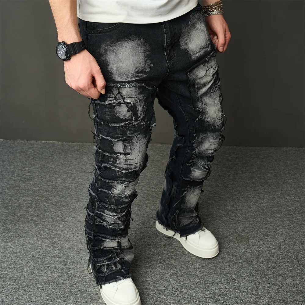 Streetwear HipHop Men Ripped Spliced Patch Straight Jeans Stylish Male Distressed Loose Biker Denim Pants J251030