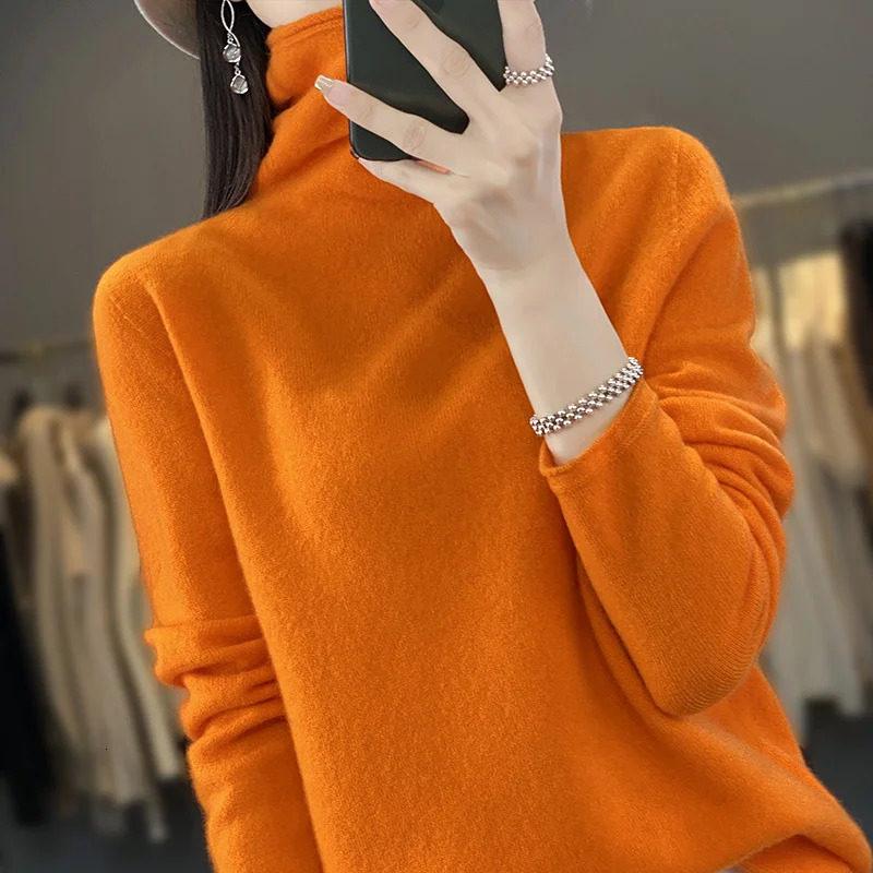 Fashion 100 Merino Wool Sweater Elegant Cashmere Pullover Women Pile Collar Long Sleeve Knitwear Basic Clothing Jumper Tops 251028