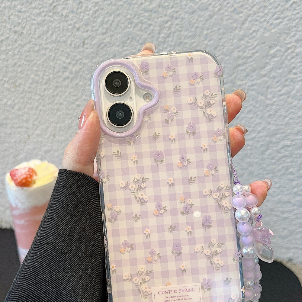 Plaid Small Floral Phone Case Compatible with iPhone 17 Pro/16 Pro Simple Bracelet 15/14 Full Coverage