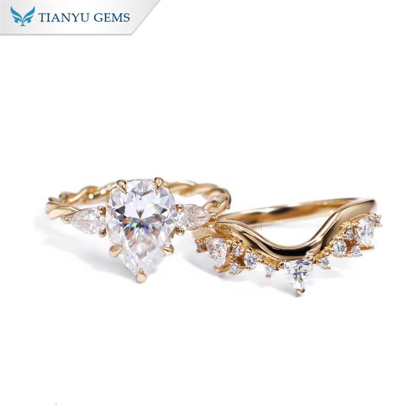 Tianyu Gems Custom Make 811mm 35ct Pear Moissanite Diamond 14k Yellow Gold Jewelry Ring Set for Women