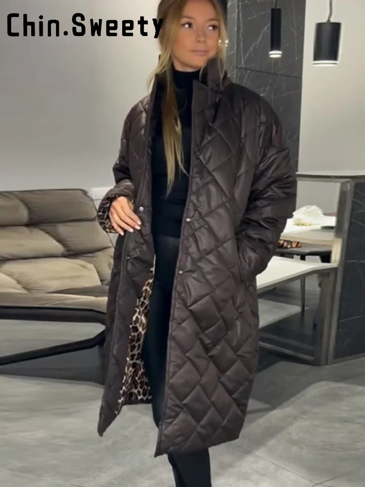 Fashion Leopard Split Long Quilted Jacket Women Loose Lapel Single Breast Street Warm Coat 2025 Autumn Winter Lady Outwear 251030