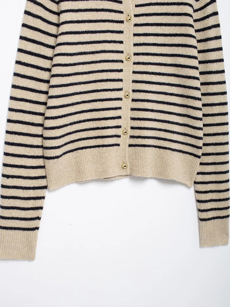 European and American style autumn womens clothing simple round neck long sleeve striped fine knitted cardigan sweater jack 251028