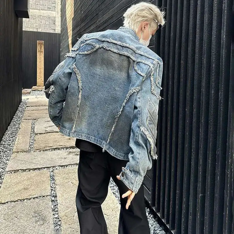 LUZHEN American Tassel Burr Shoulder Pad Motorcycle Jacket Wornout Personalized High Street Short Denim Top Men LZ8149 251029