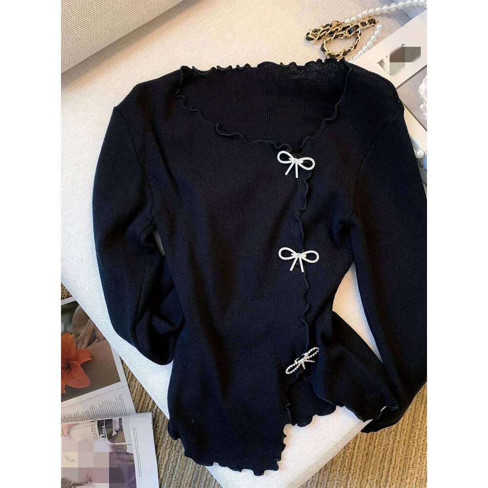 Black/White Solid Lettuce Trim Bowknot Pullover Y2k Casual Long Sleeve Sweater For Spring & Fall Women's Clothing Designer Sweater Women Bear Swe