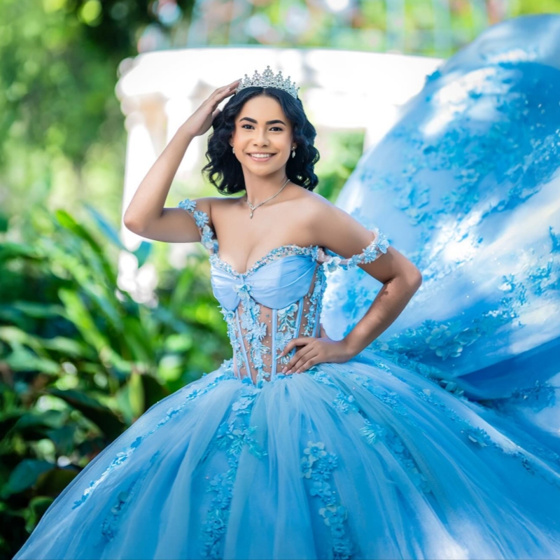 Sky Blue Shiny Quinceanera Dresses Off The Shoulder Applique Flower Beading Crystal Party Birthday Sweet 16 Dress Vestidos 15 Anos