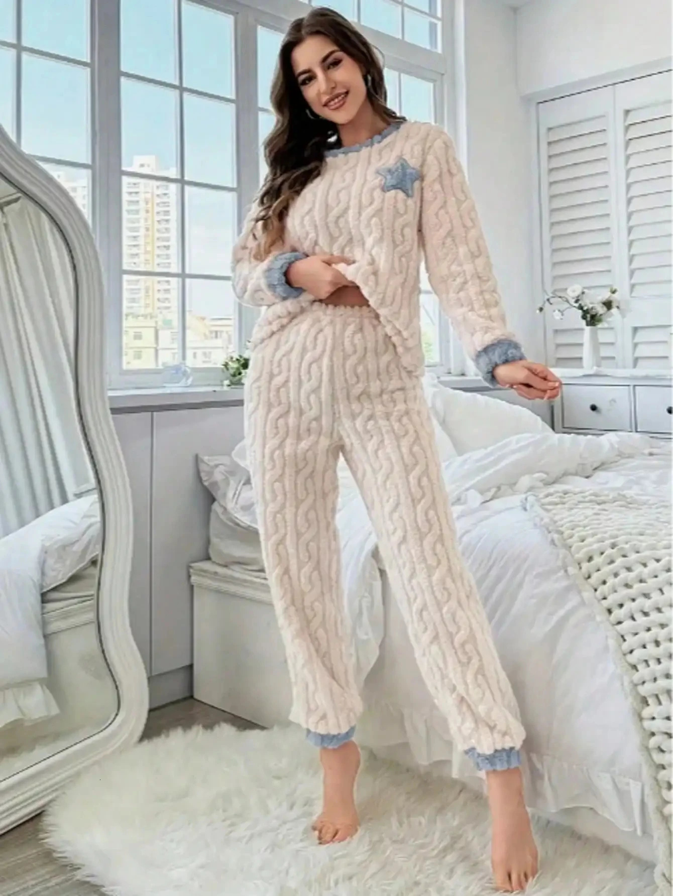 2piece set of womens autumn and winter pajamas thick pants roundneck embroidered fivepointed star cute cartoon warm suit 251029