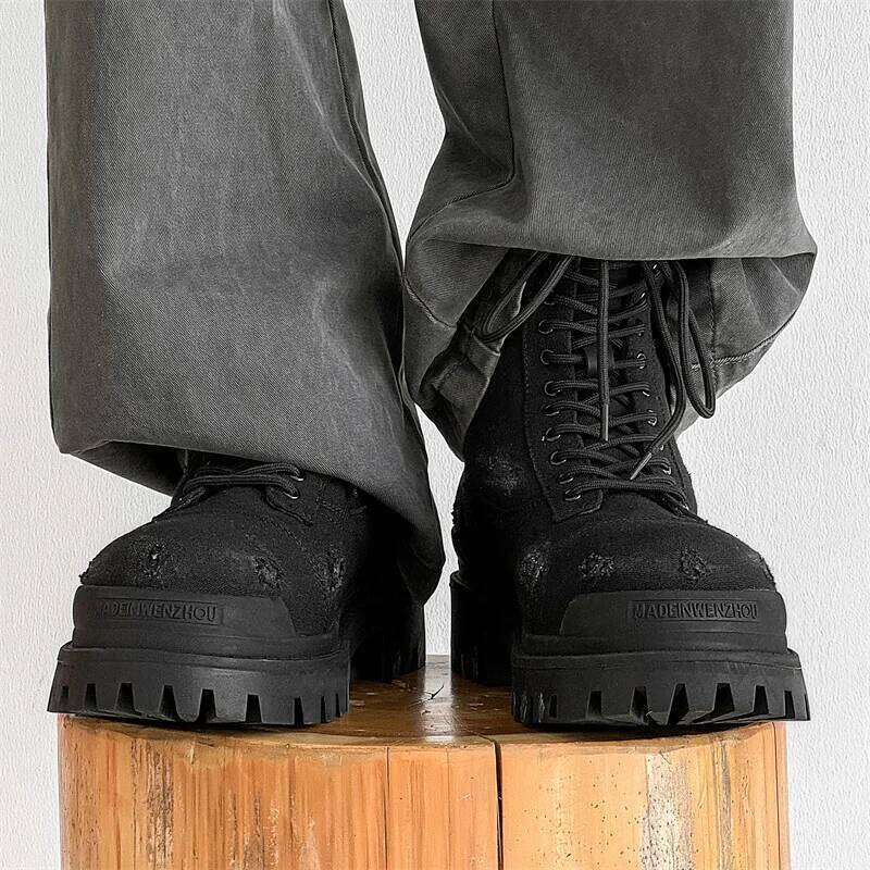 Autumn Winter High-top Motorcycle for Men Lace-up Do-the-old Thick Bottom Short Ankle with Zipper Man Black Boots
