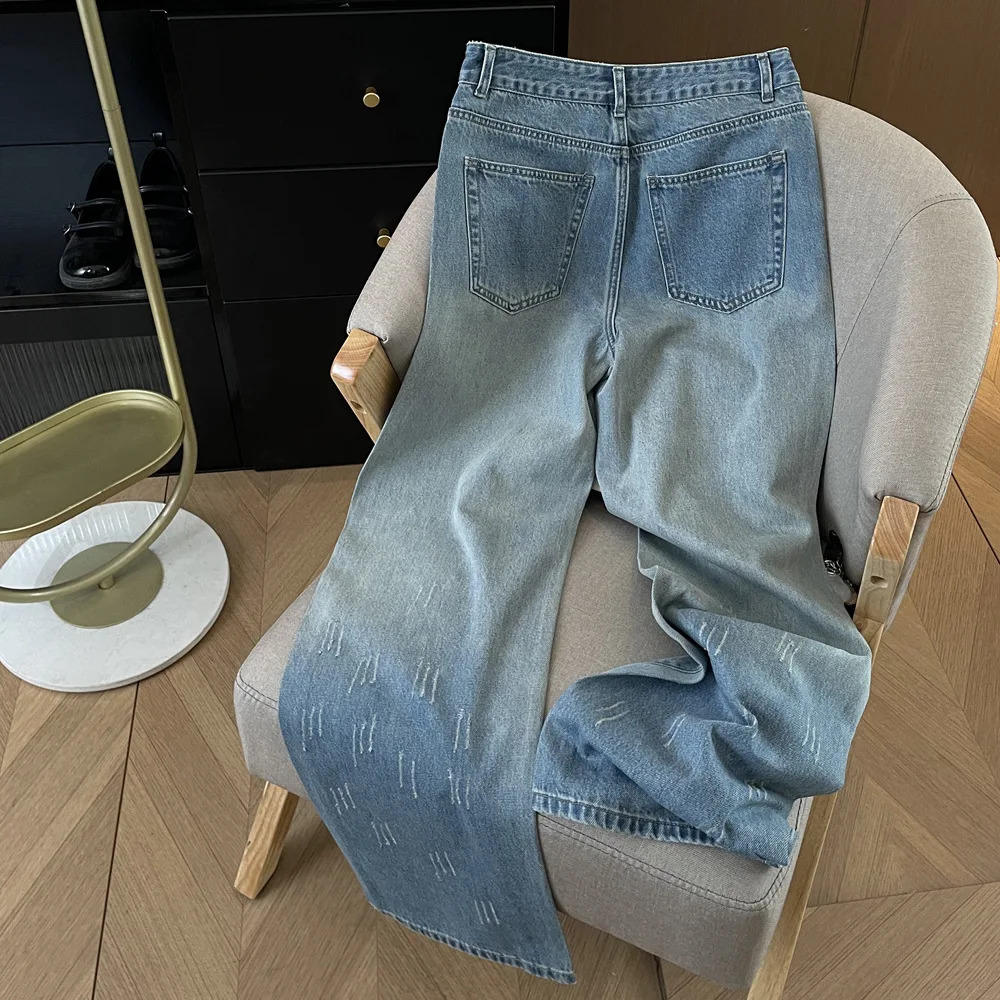 Fashion Women Gradient Blue Diamond Studded Jeans High Waist Straight Leg Denim Pants Spring Autumn Chic Female Trousers 251029