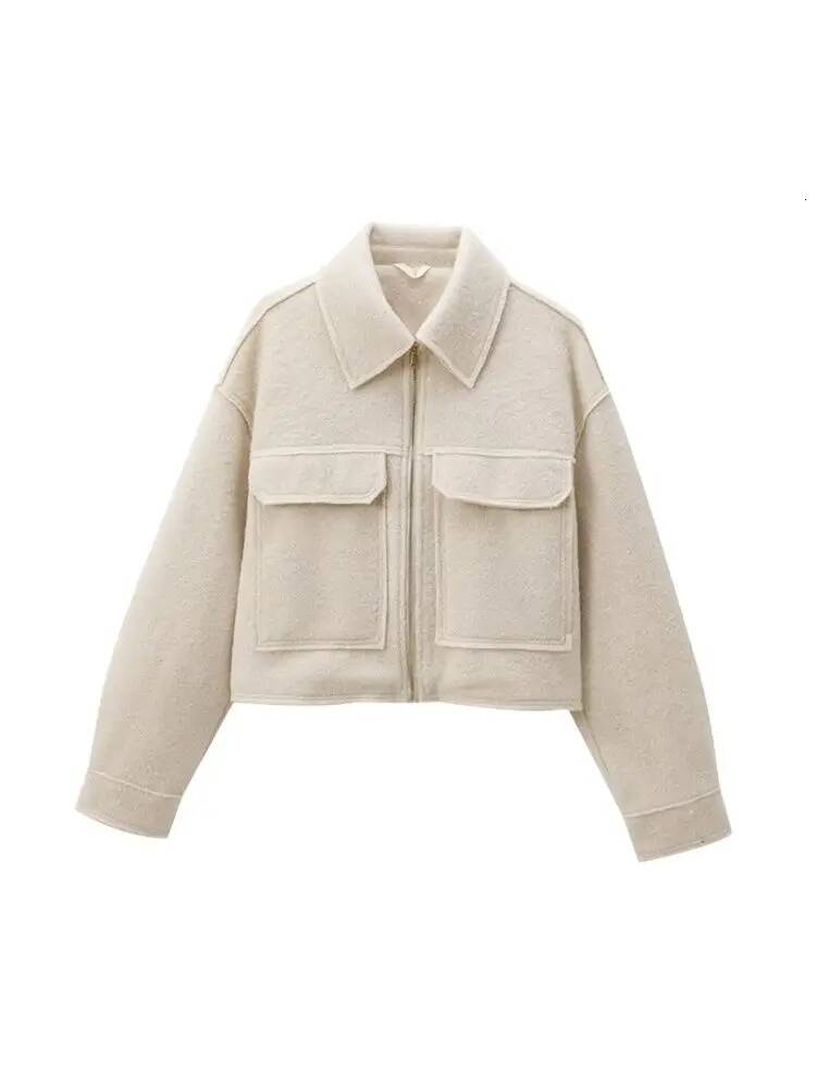 winter jacket women Cropped Jacket with Pockets for Women, Long Sleeve Coat, Front Zipper, Female Outerwear, Chic Tops, Fashion