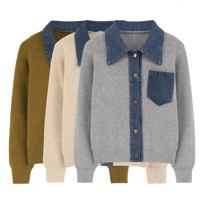 n autumn and winter PoIol collar splicing denim knitted cardigan sweater womens loose and slimming fashion jacket 251029