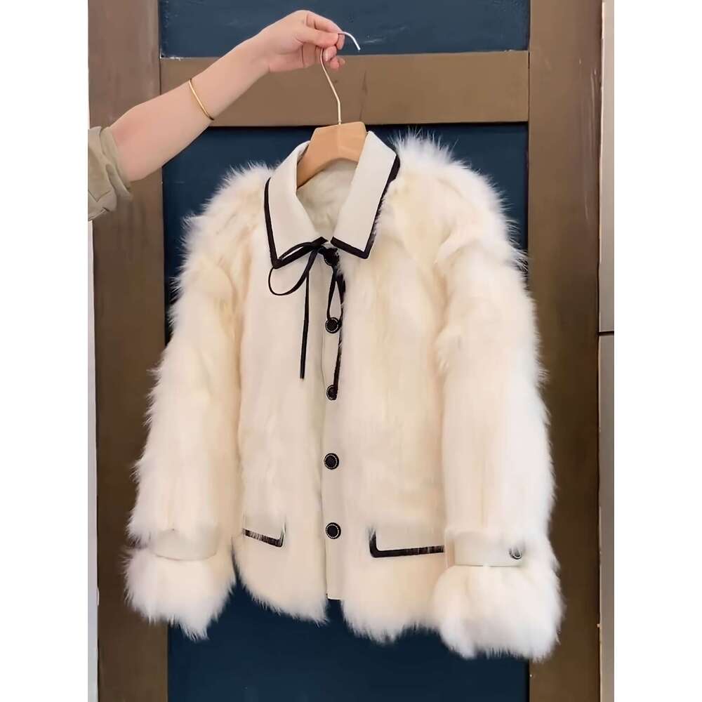 Women S Elegant Faux Fur Plush Thickened Jacket With Drop Shoulder Sleeves Single Breasted Button Front Contrast Trim Loose Fit Casual Chic Outerwear 