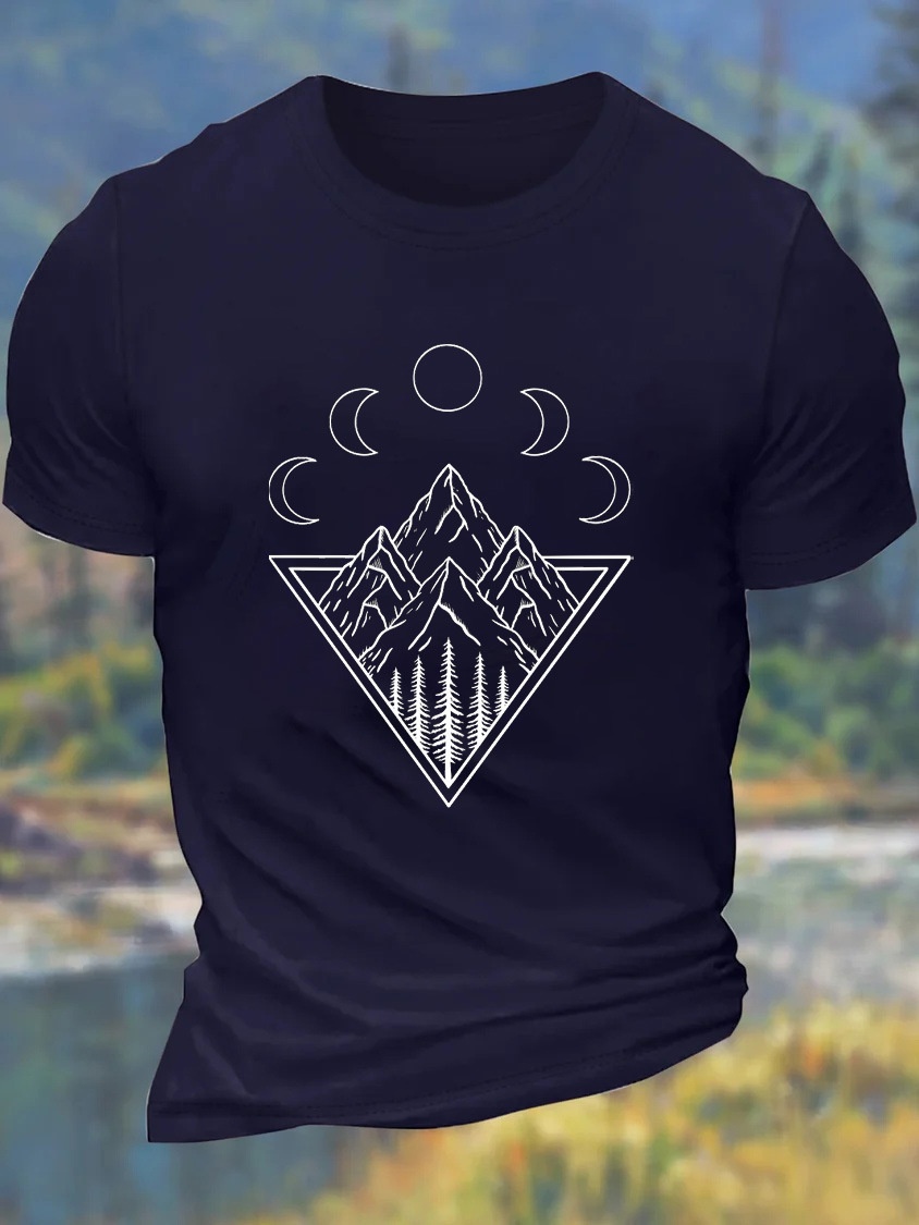 European & American Oversized Men's Moonlit Mountain Line Pattern Crew Neck Loose-Fit Casual T-Shirt - TT7530