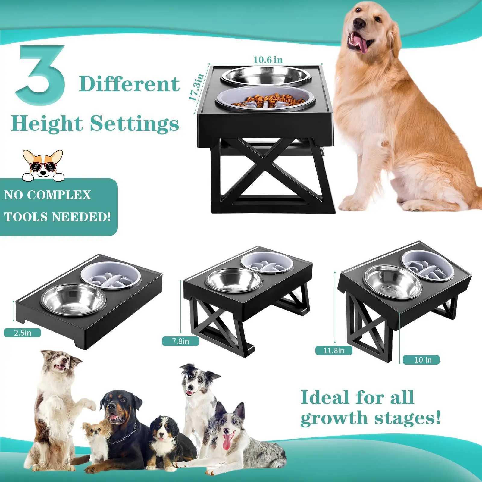 Elevated Dog Bowls 3 Adjustable Heights Raised Pet Stand with Slow Feeder Stainless Steel Food Bowls for Small Medium Large Dogs J251113