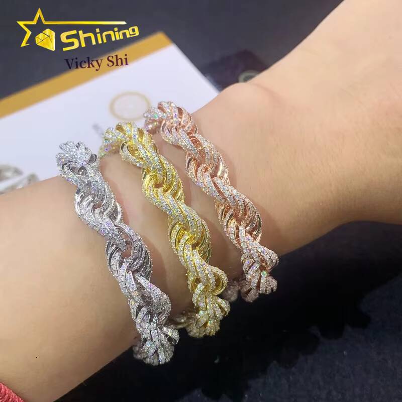 Moissanite Hip Hop Jewelry Gold Plated 6MM10MM VVS Moissanite Rope Chain S925 Silver Men Moissanite Bracelet