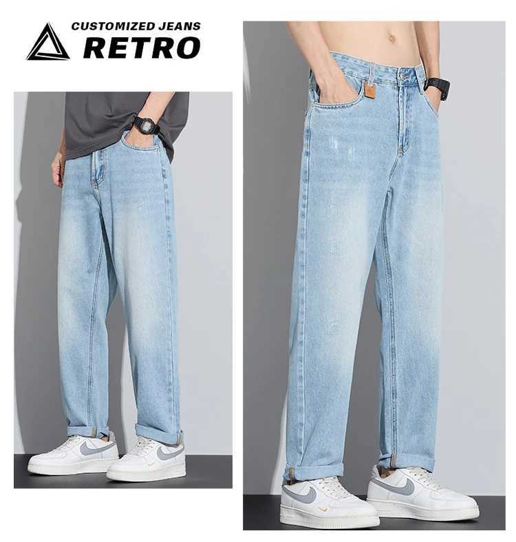 New solid color mens daily casual long jeans classic mens four season straight leg loose retro denim wide leg pants J251030