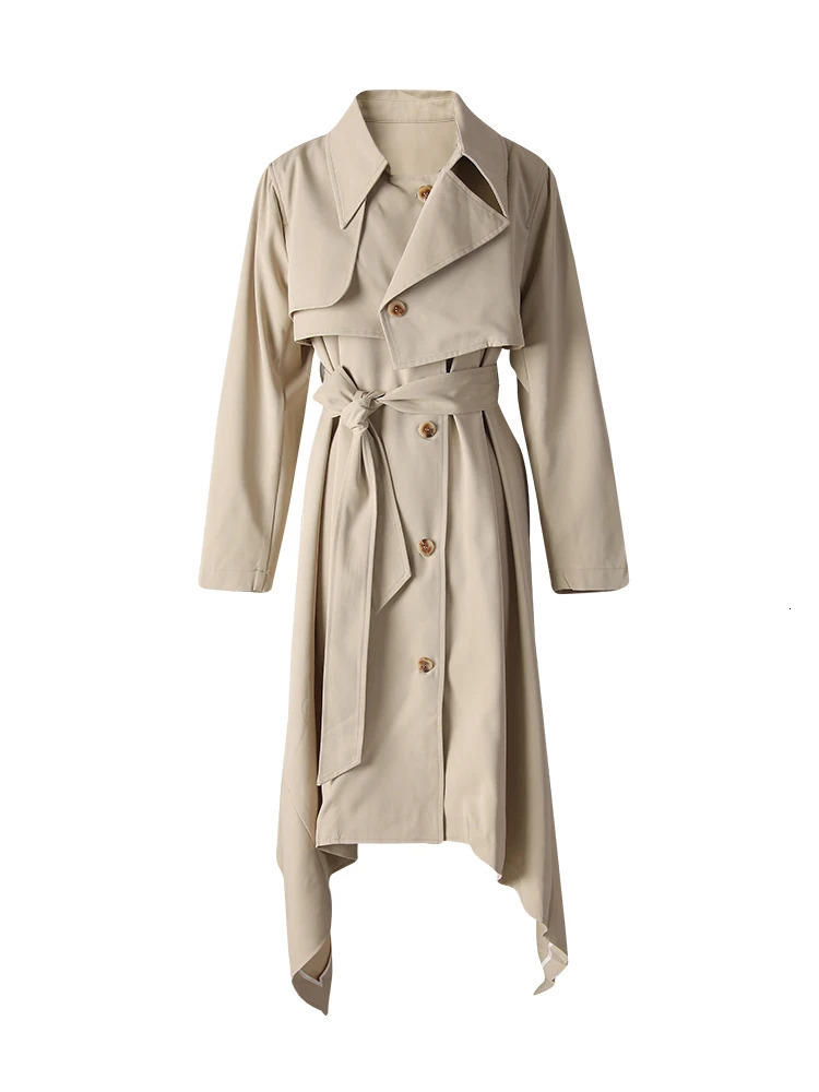 DEAT Fashion Khaki Deconstruction Trench Coat Womens Lapel Loose Single Breasted Sashes Irregular Windbreaker Autumn 251029
