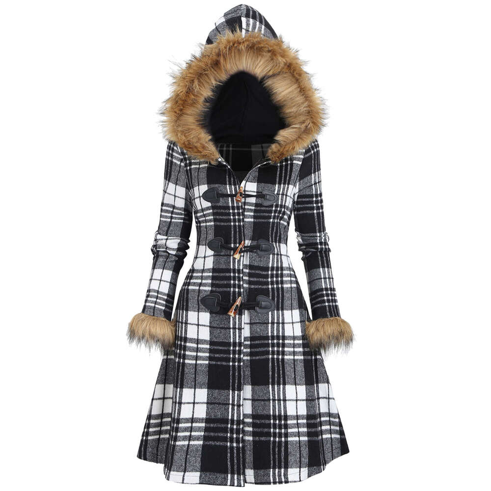 Women S Tartan With Hood Collar Bury Black White Plaid Jacket Golden Tone Buckles Like Trim Fau Hine Washable Elegant Scottish Inspired Outerwear For 