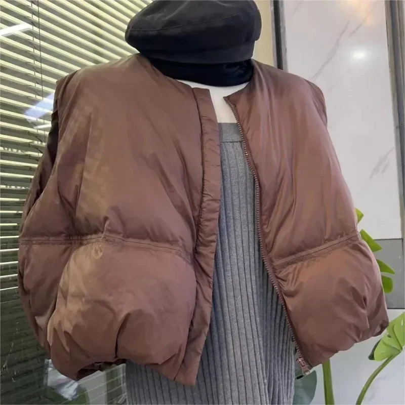 Autumn Korean Chic Down Vest Oneck Loose Solid Casual Sleeveless Parkas Allmatch Zipper Jacket Waistcoat Female 251029