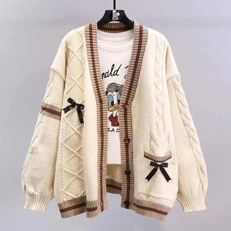 Sweet Bow Sweater Cardigans Women Y2K Aesthetic Contrast Color VNeck Knitted Cardigan Kawaii Jk Single Breasted Sweaters Coat 251028