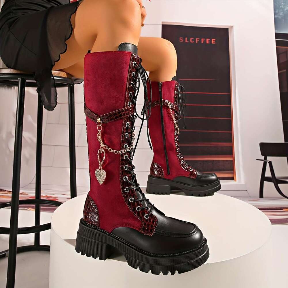 Women's Winter New Solid Color Patchwork Lace-Up Heart Metal Chain Side Zipper Chunky Heel Knee-High Boots, Fashionable Versatile Casual High-Hee
